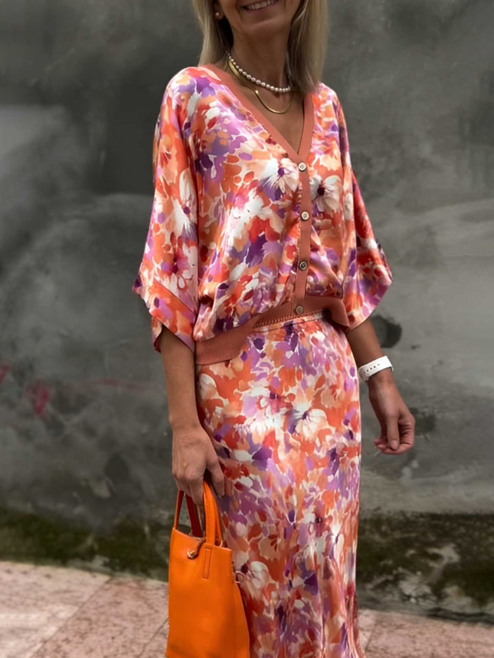 Exquisite Floral Print Satin Batwing Sleeve Shirt