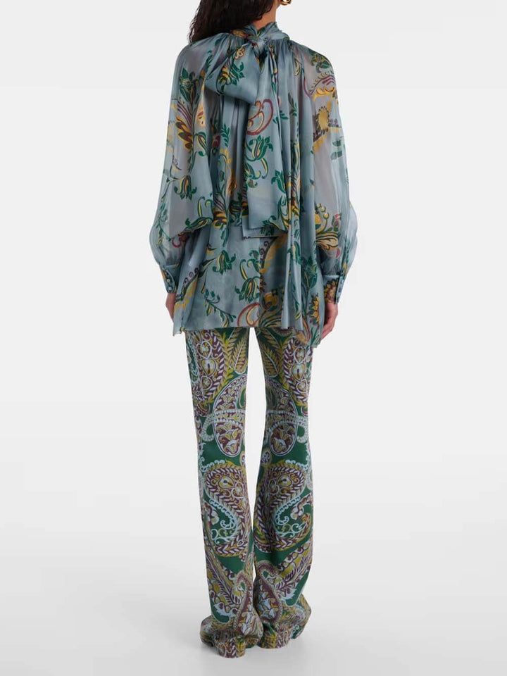 Delicate Floral Print Pleated Tie-Front Chiffon Blouse