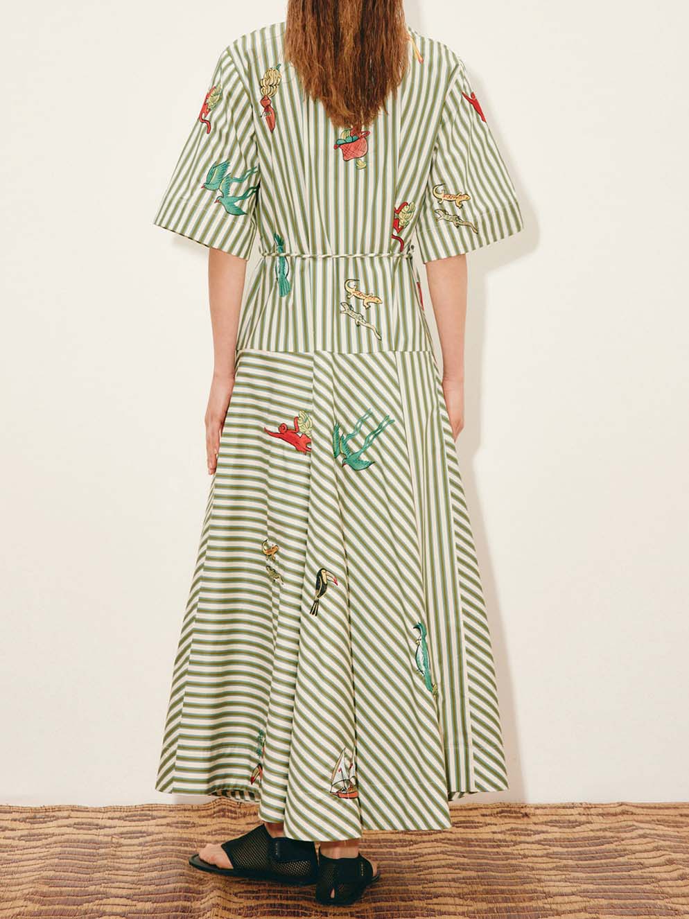 Casual Striped Tropical Print Shirt Maxi Dress