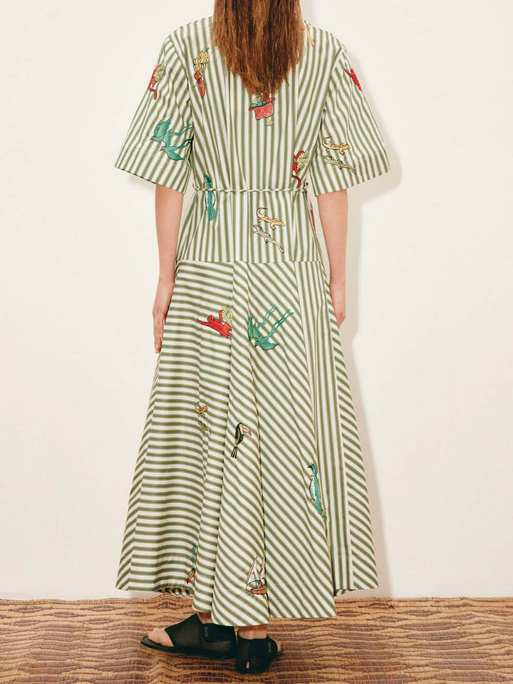 Casual Striped Tropical Print Shirt Maxi Dress