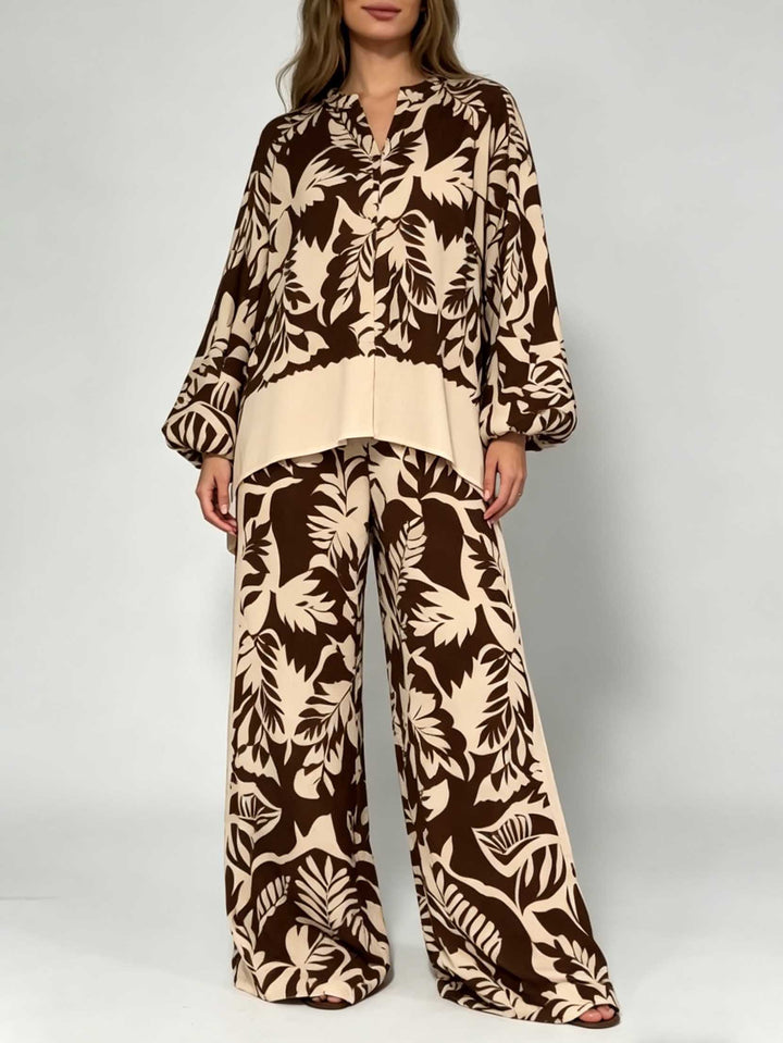 Bohemian Leaf Print V-Neck Satin Shirt & Wide-Leg Pants Set