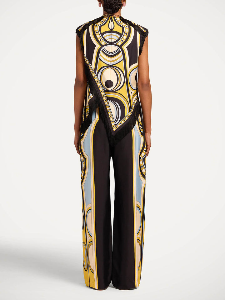 Retro Geometric Print Fringe Top & Wide Leg Pants Two-Piece Set