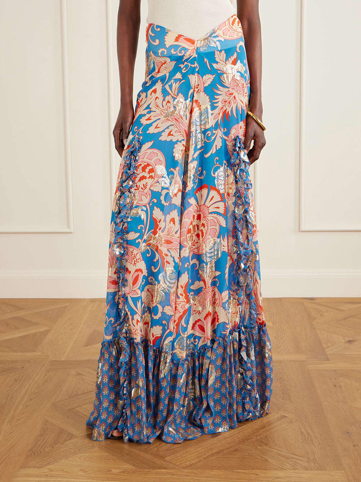 Retro Floral Print Ruffle Slit Maxi Skirt