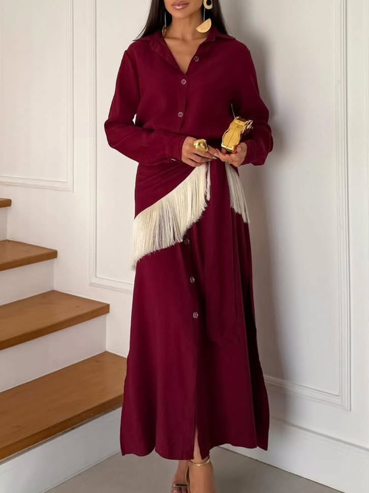 Casual Wrap Fringe Button-Front Shirt Maxi Dress