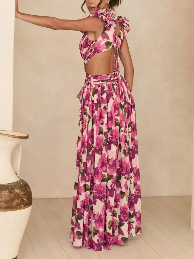 Elegant Floral Print Pleated Openwork Maxi Dress