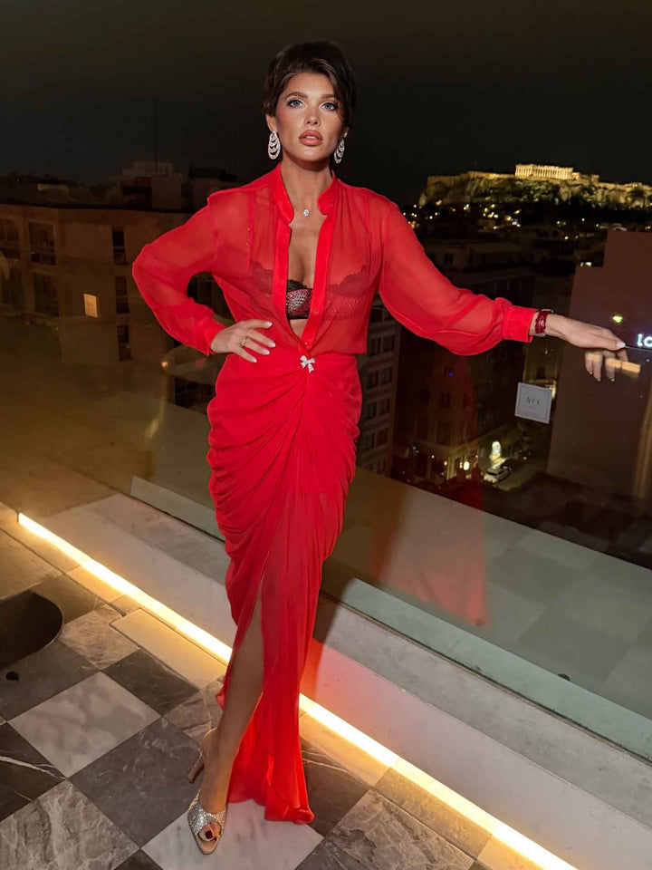 Sexy Deep V See-through Pleated Maxi Dress