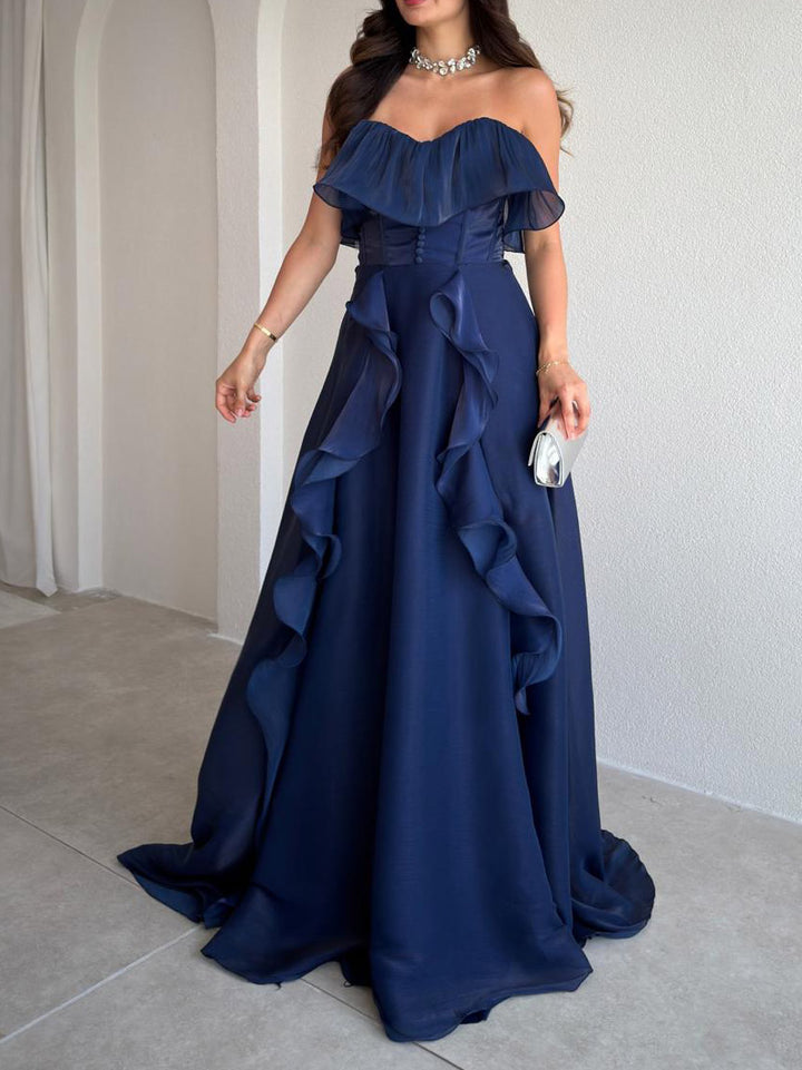 Elegant Strapless Ruffle High Slit Corset Maxi Dress