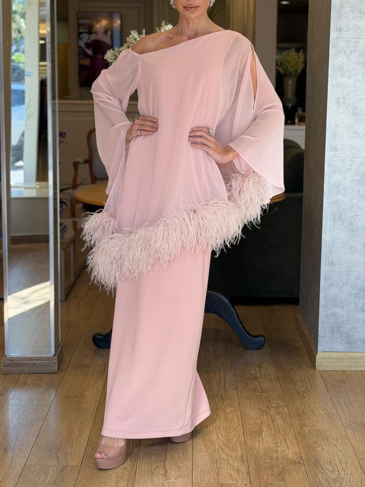 Elegant Feather Trim Draped Chiffon Maxi Dress