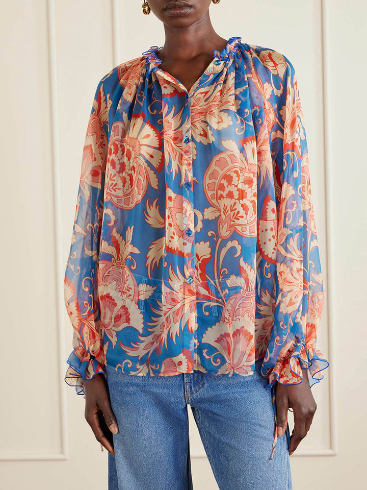 Modern Printed Chiffon Ruffle Blouse