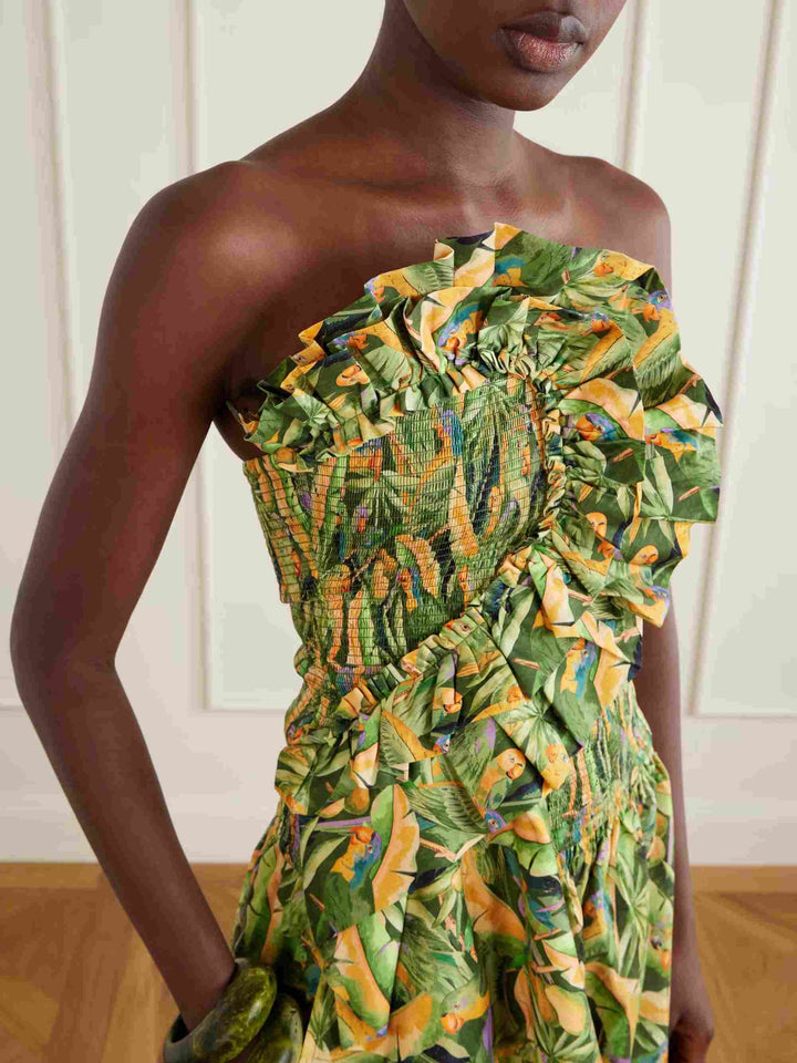 Exquisite Tropical Parrot Print Ruffle Top & Lantern Pants Two-Piece Set
