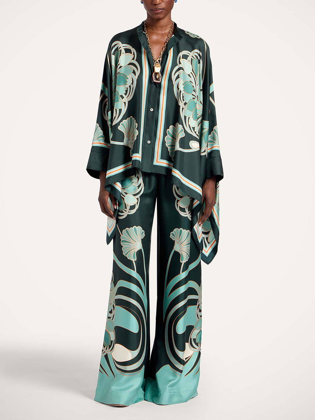 Elegant Abstract Print Satin Cape Sleeve Shirt