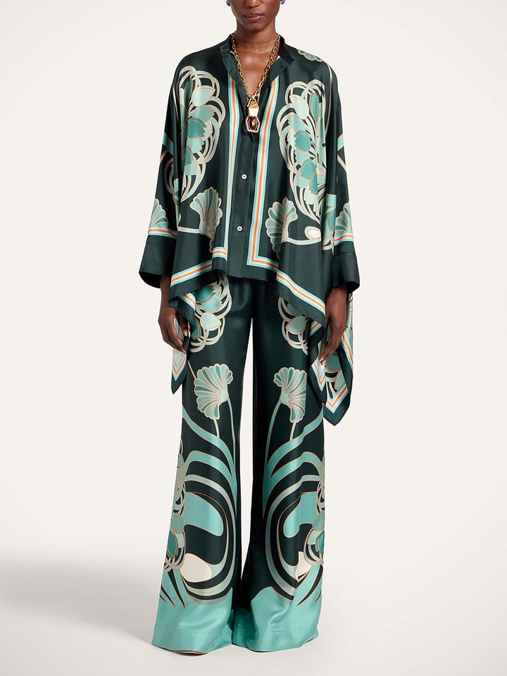 Elegant Abstract Print Satin Cape Sleeve Shirt