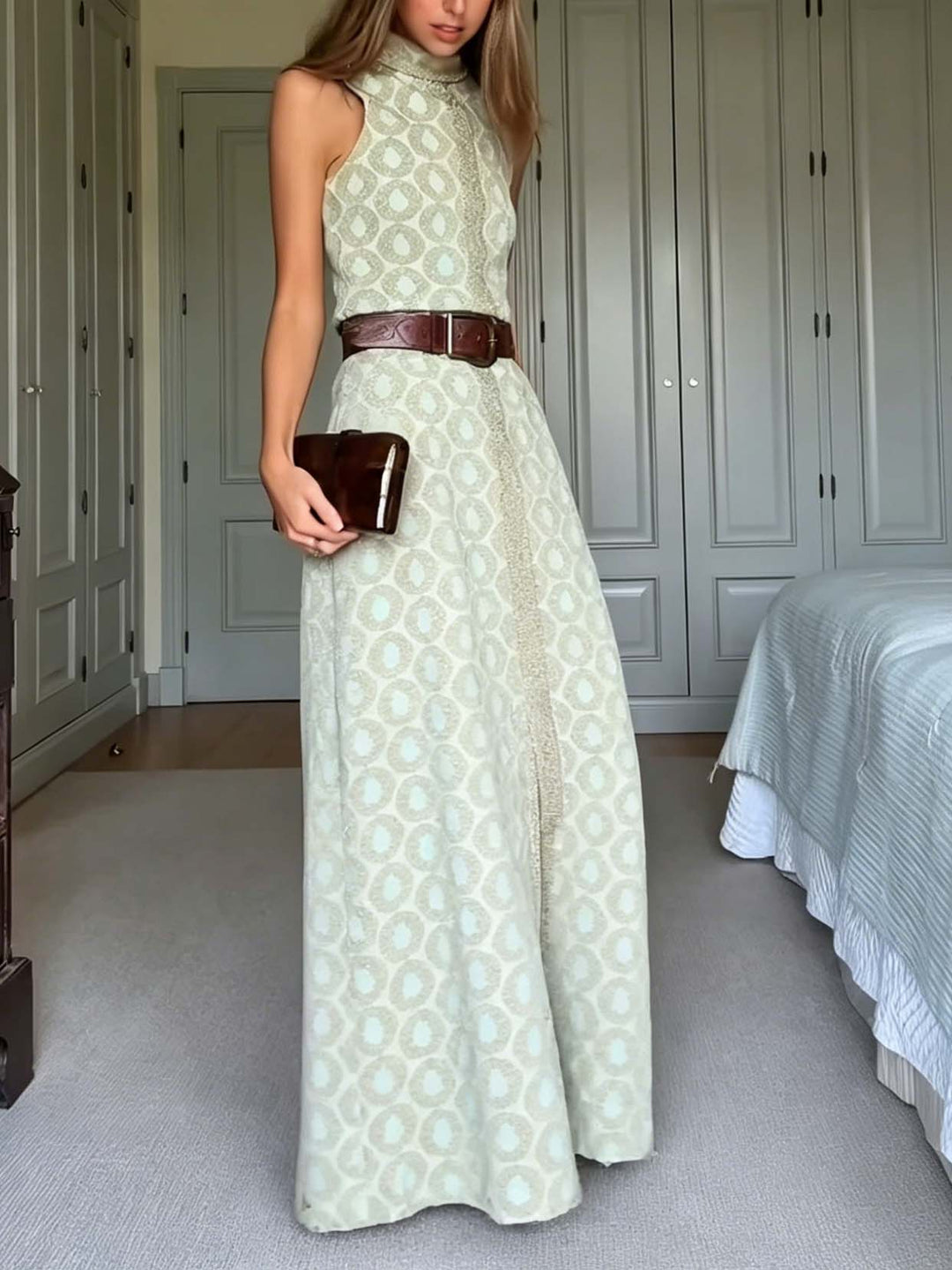 Elegant Geometric Print High Neck Slit Maxi Dress