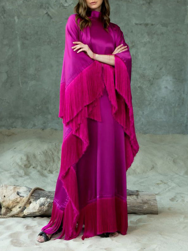 Elegant High-Neck Fringe Trim Asymmetrical Maxi Dress