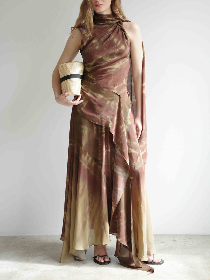 Brown Ombre Tie-Dye Satin Two-Piece Set