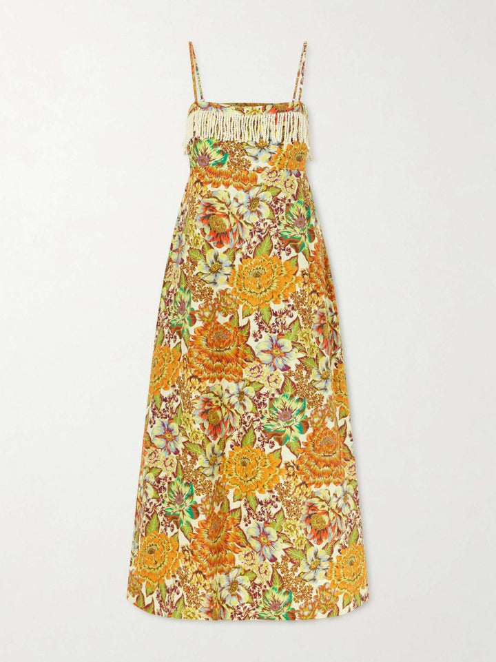 Exquisite Floral Print Spaghetti Strap Fringe Fitted Maxi Dress