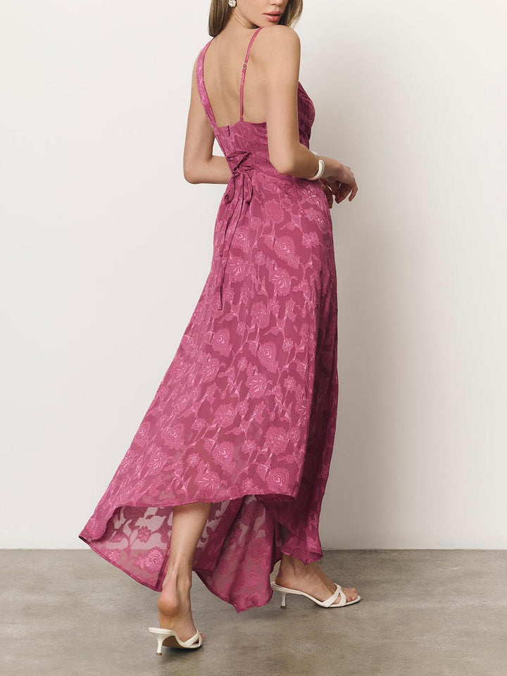 Elegant Floral Jacquard Asymmetrical One-Shoulder Maxi Dress