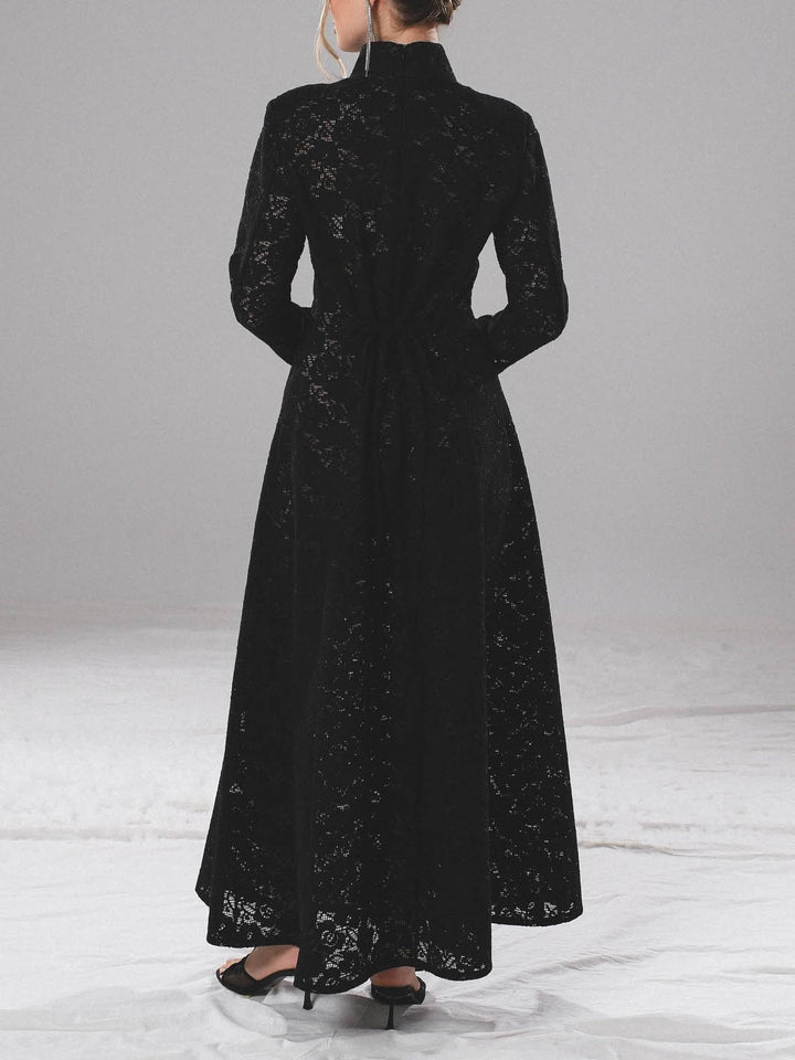 Elegant High-neck Lace Robe & Trousers Two-piece Set