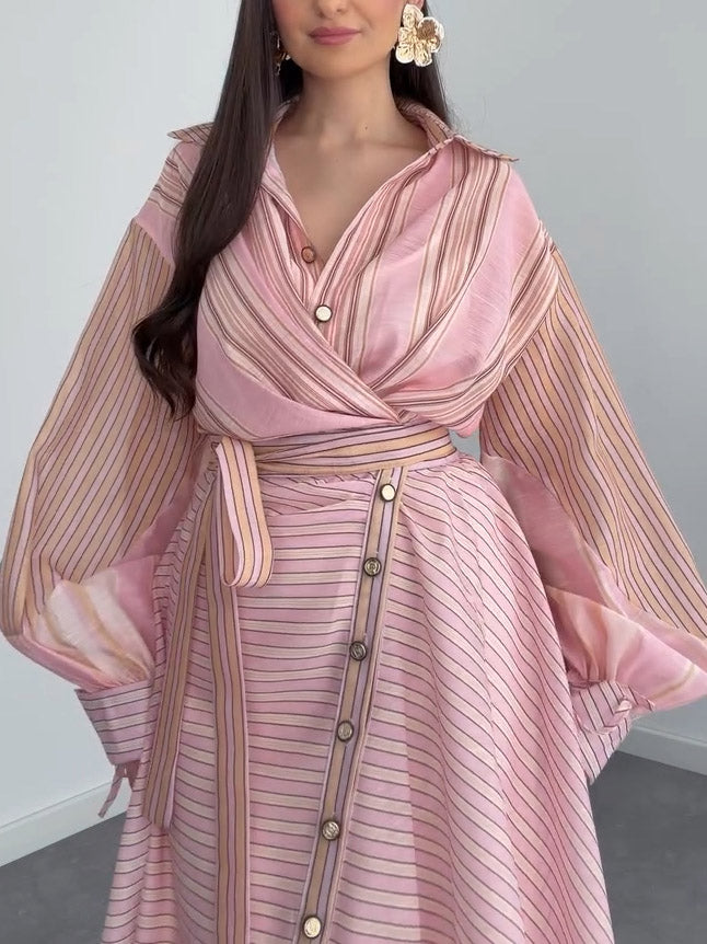 Elegant Striped Wrap Shirt Maxi Dress