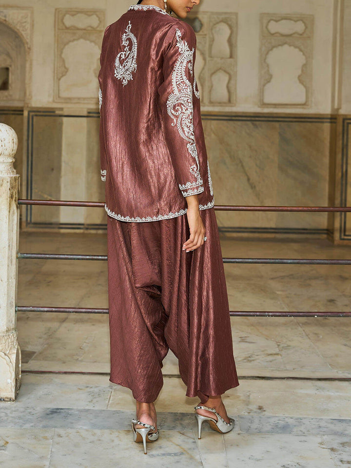 Unique Paisley Pattern V-Neck Loose Top And Pleated Harem Wide-Leg Pants Set