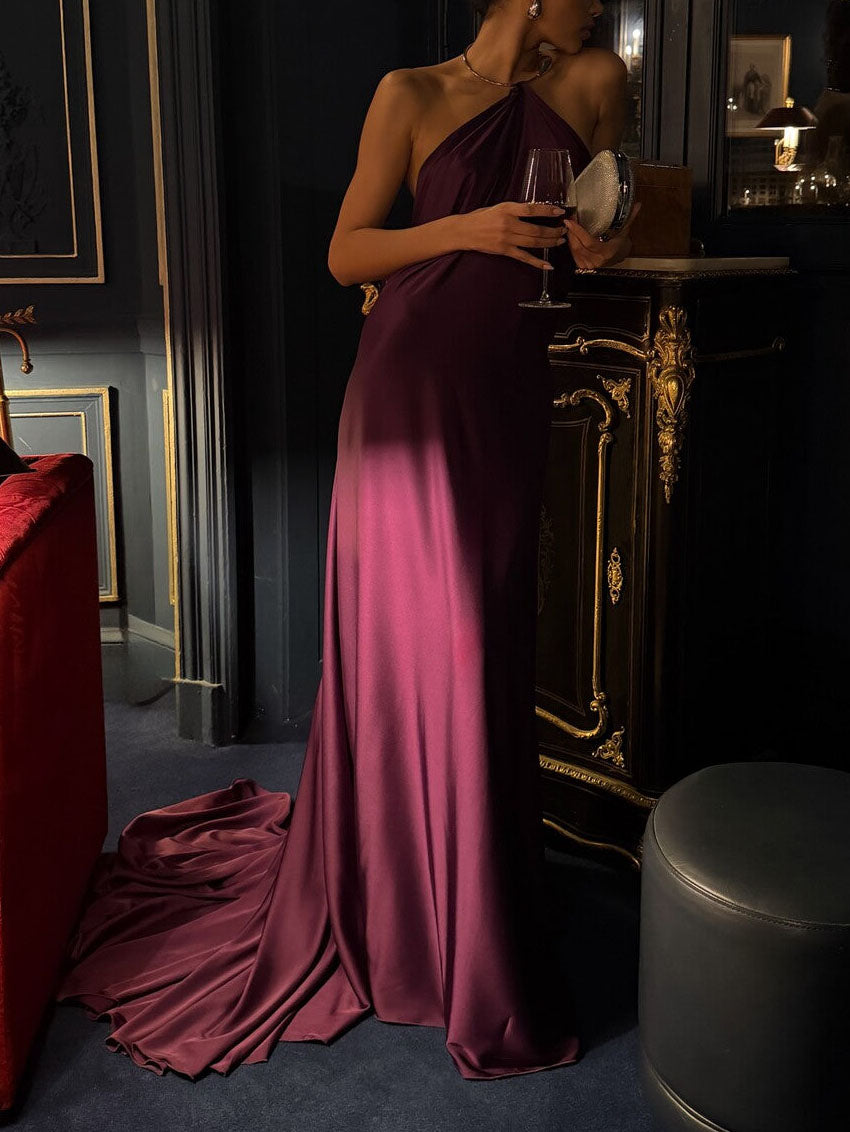 Elegant Halter-neck Draped Satin Train Maxi Dress