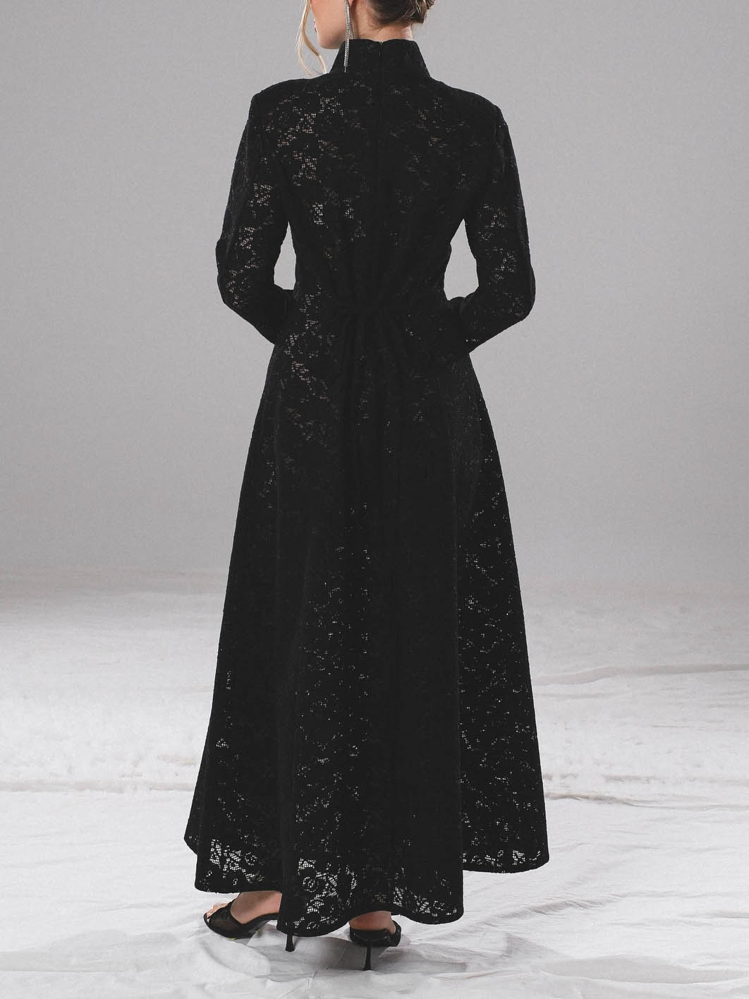 Elegant High-Neck Lace Slit Midi Dress