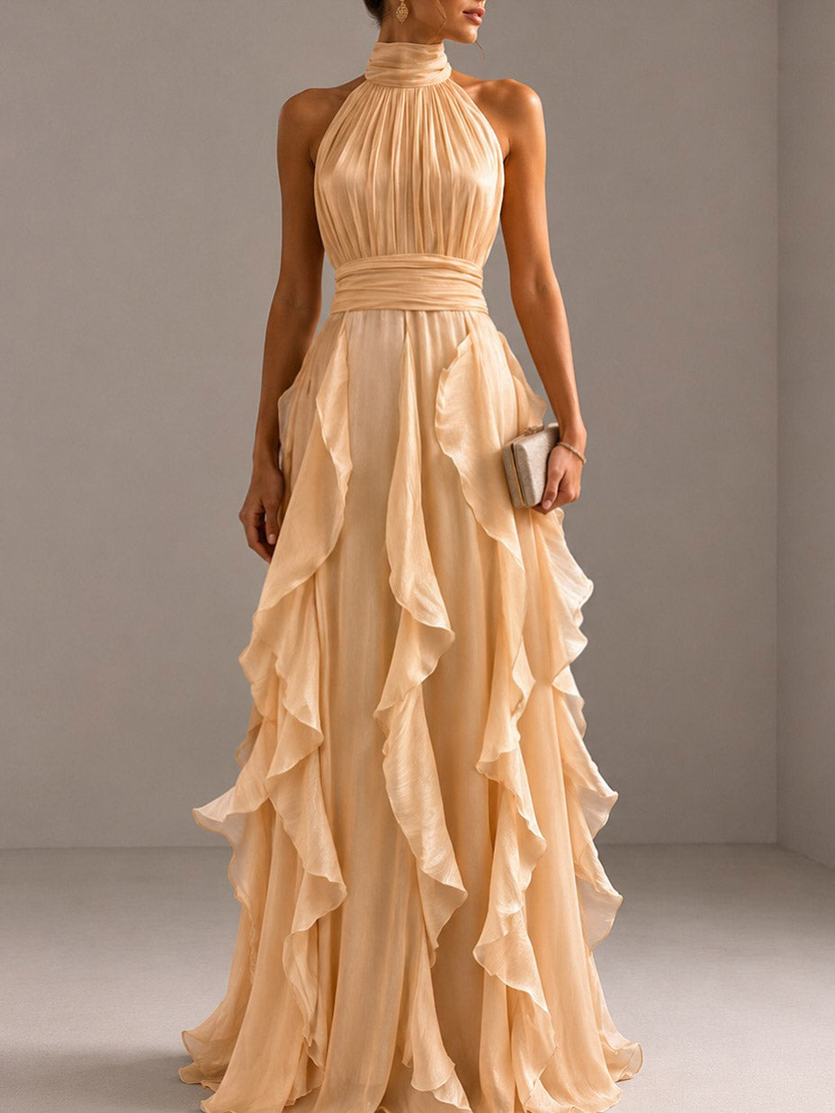 Elegant Backless Ruched Tiered Ruffle Maxi Dress
