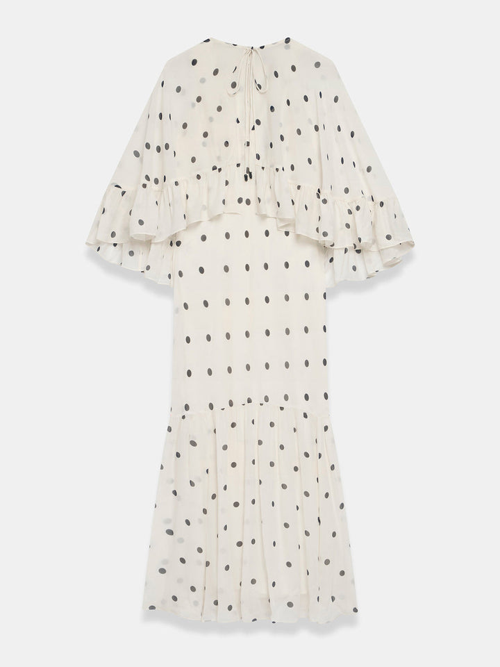 Elegant Polka Dot Ruffle Layered Chiffon Cape Maxi Dress