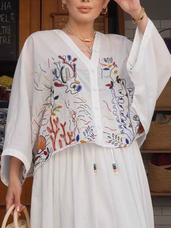Elegant Embroidered Print Loose Tie Elastic Waist Skirt
