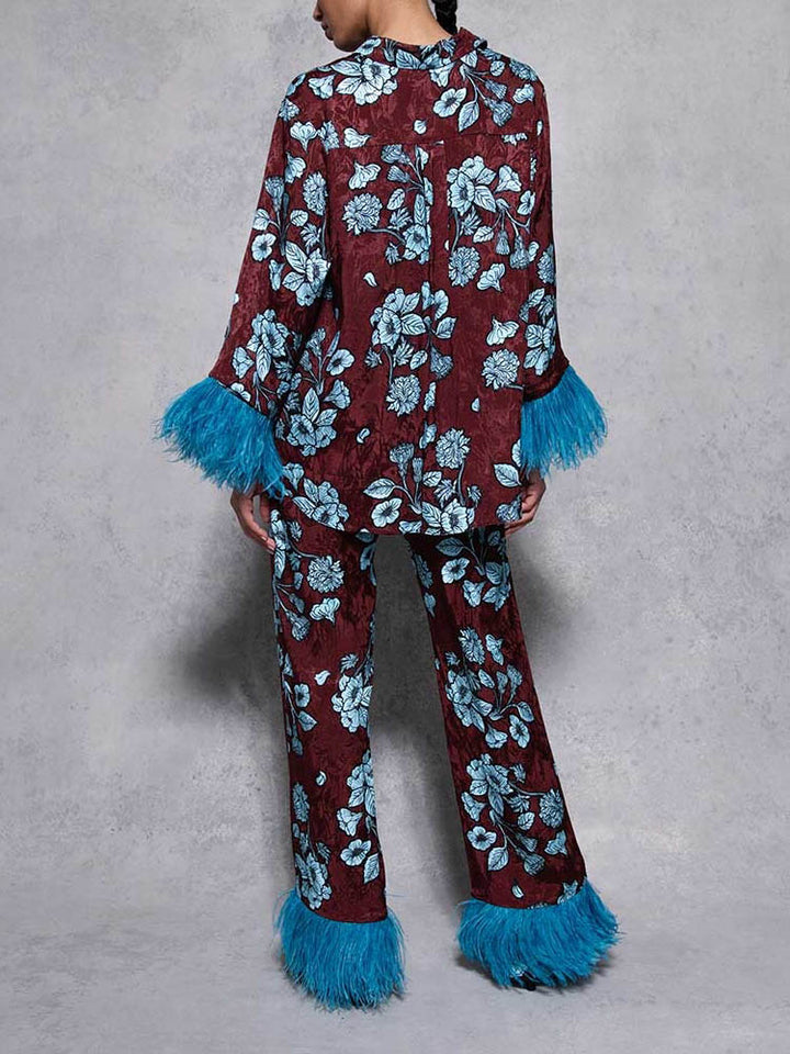 Retro Floral Print Satin Feather Wide-leg Pants
