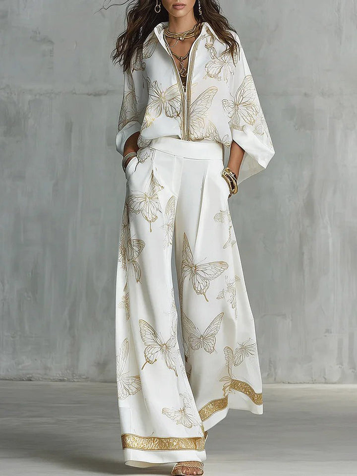 Elegant Butterfly Print Zip Shirt