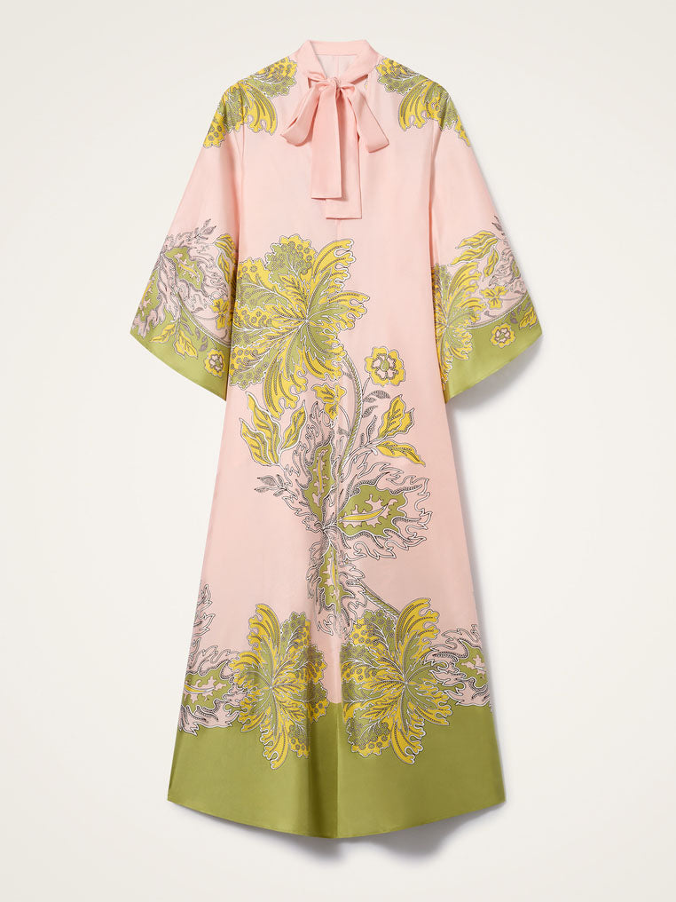 Elegant Retro Print Satin Tie-Waist Maxi Dress