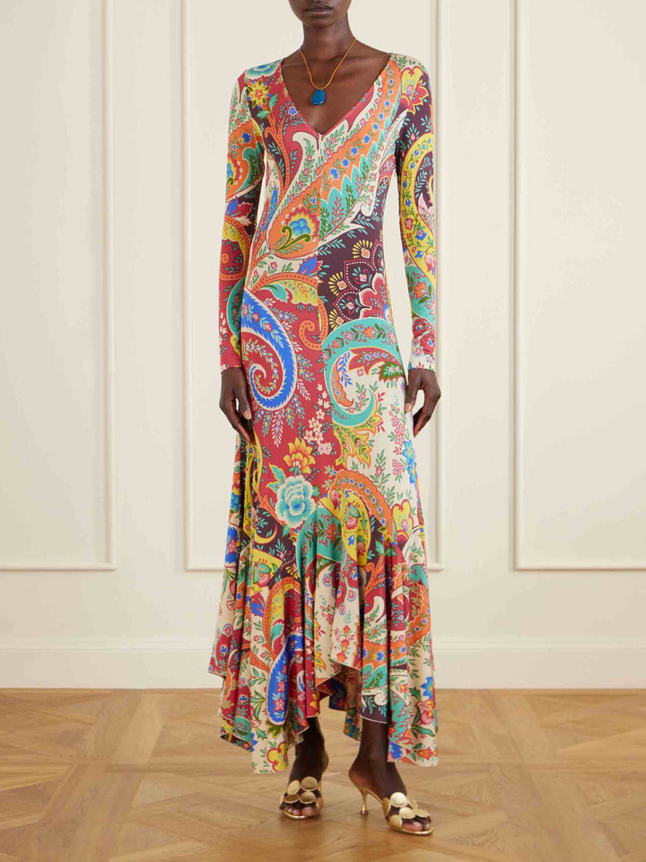 Colorful  Paisley Print V-Neck Flounce Hem Maxi Dress
