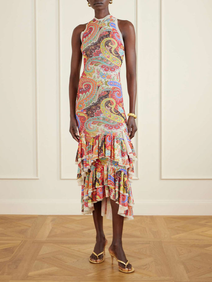 Colorful  Paisley Print Ruffled Hem Halter Midi Dress