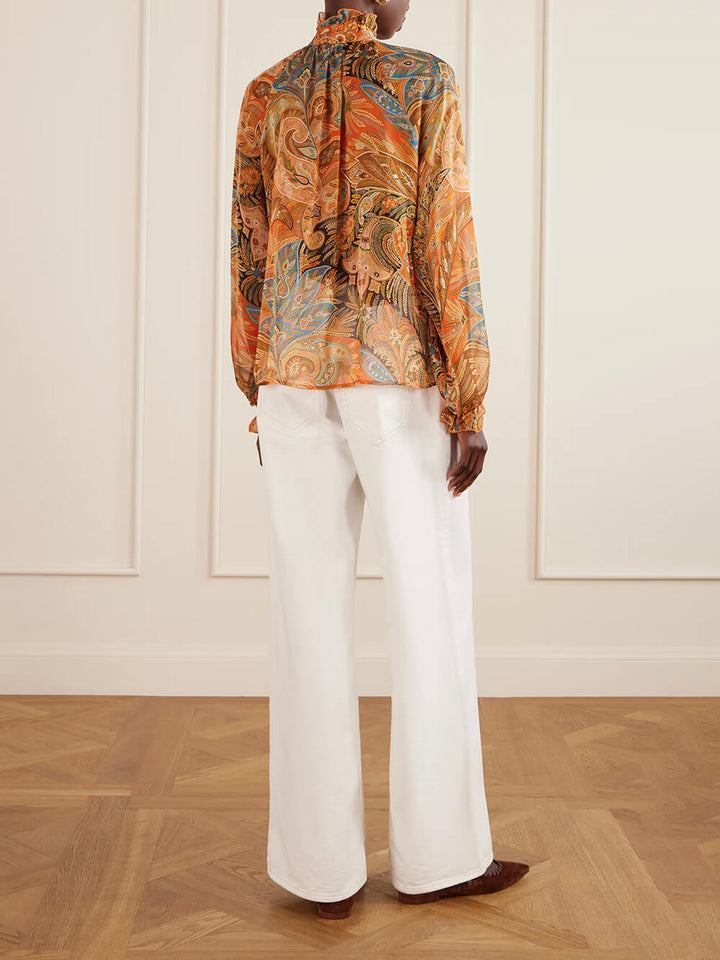 Exquisite Ruffle Trim Paisley Print Chiffon Blouse