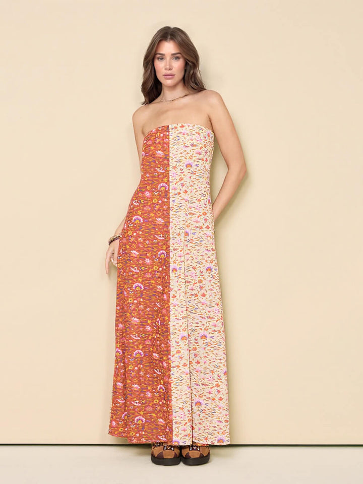 Fashion Floral Printed Strapless Maxi Dress