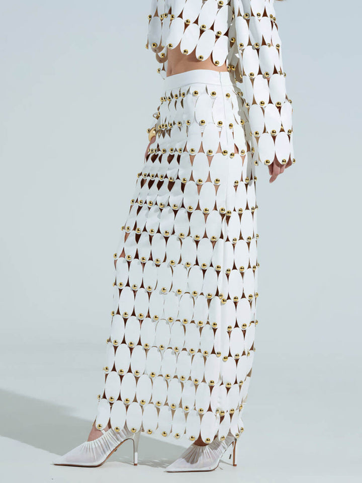 Exquisite Cut-Out Studded PU Cropped Cardigan Top And Maxi Skirt Set