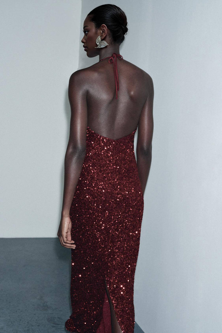 Elegant Fashion Sequin V-Neck Backless Tie Maxi Dress