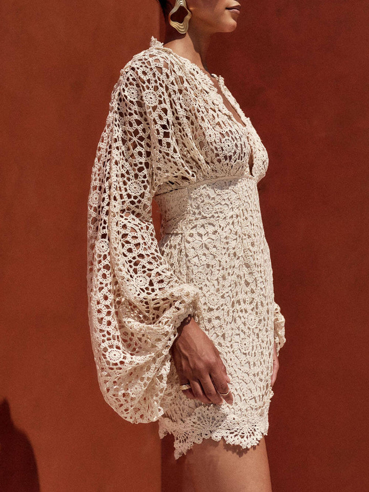 Exquisite Lace Puff Sleeve Mini Dress
