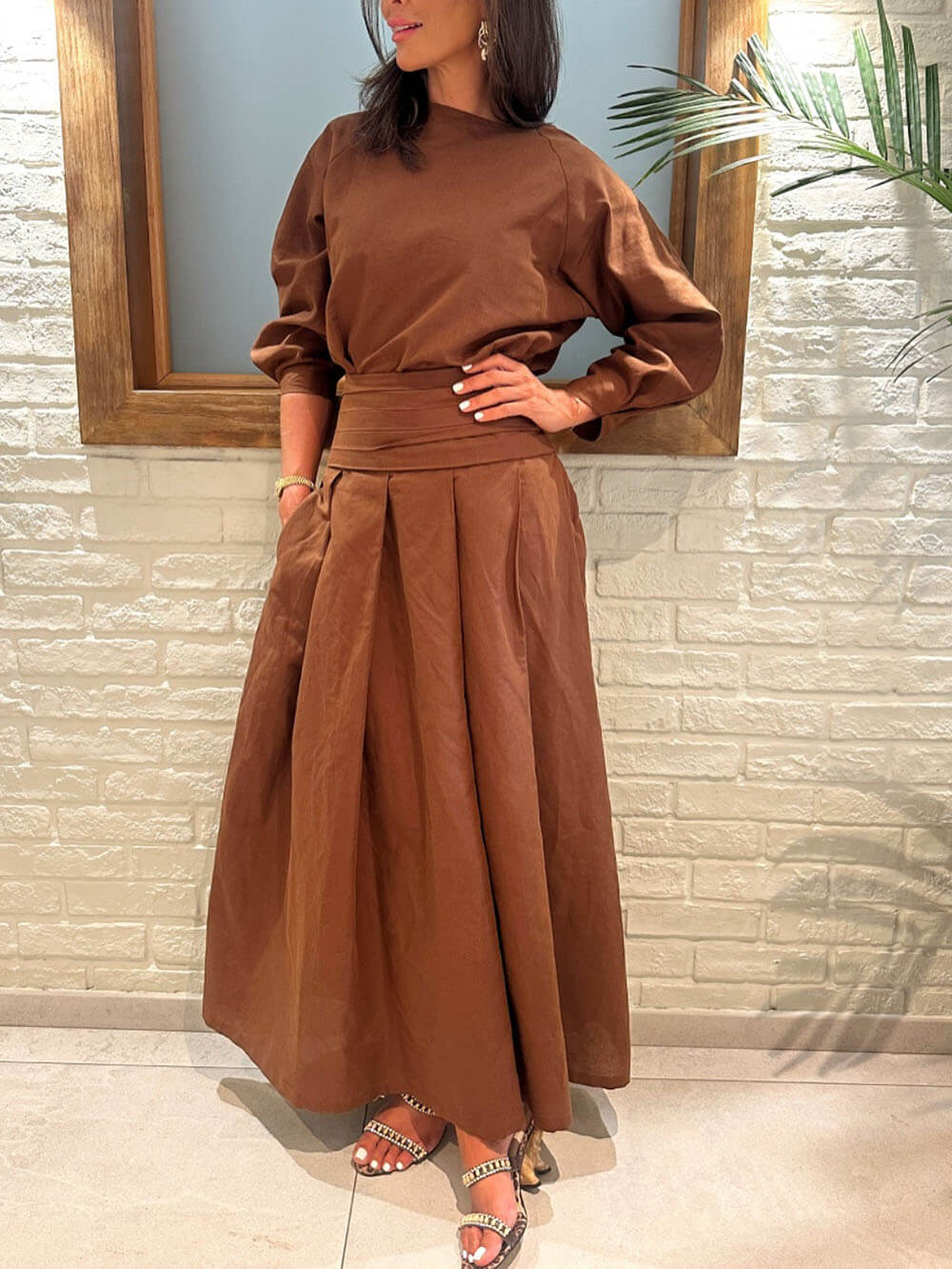 Retro Linen Pleated Pocket Loose Skirt