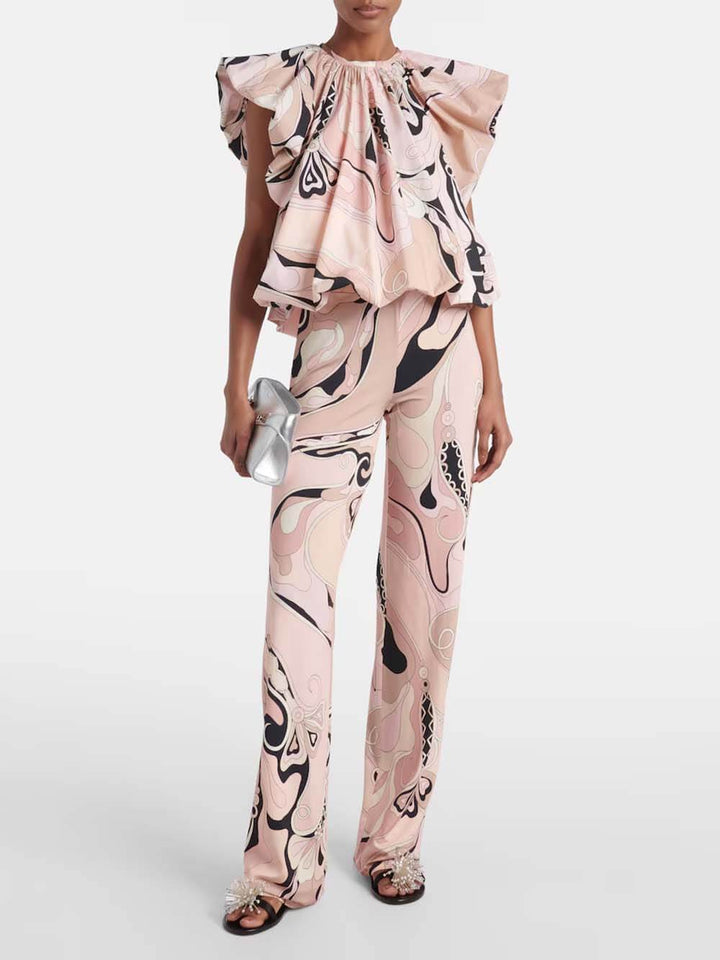 Exquisite Orchid Print Elastic Waist Straight-Leg Pants