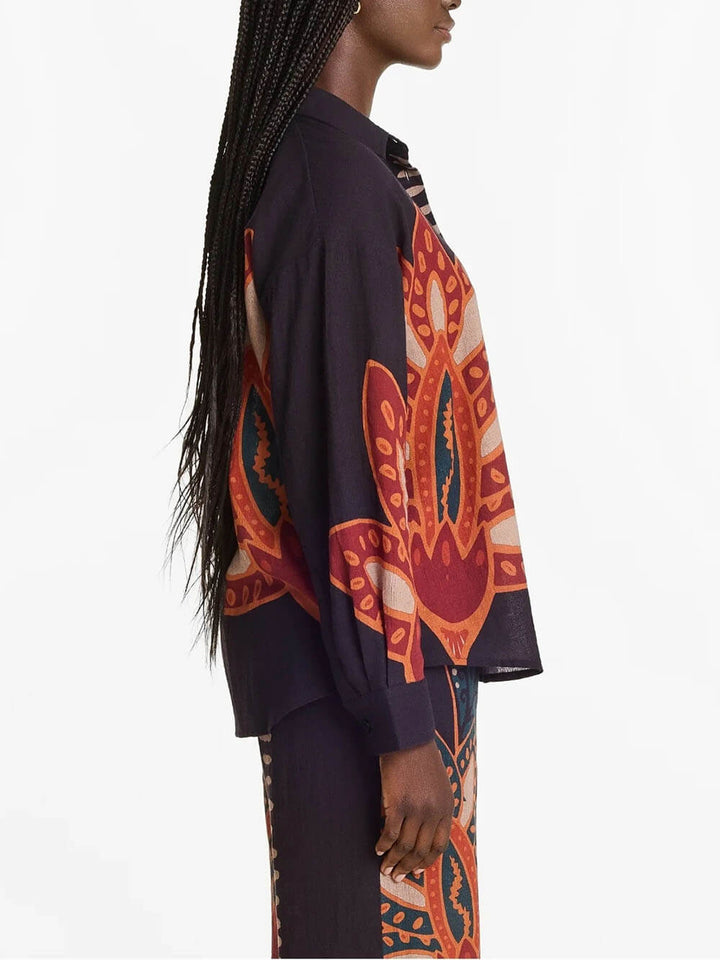 Exquisite Floral Print Linen Button-Down Loose Top