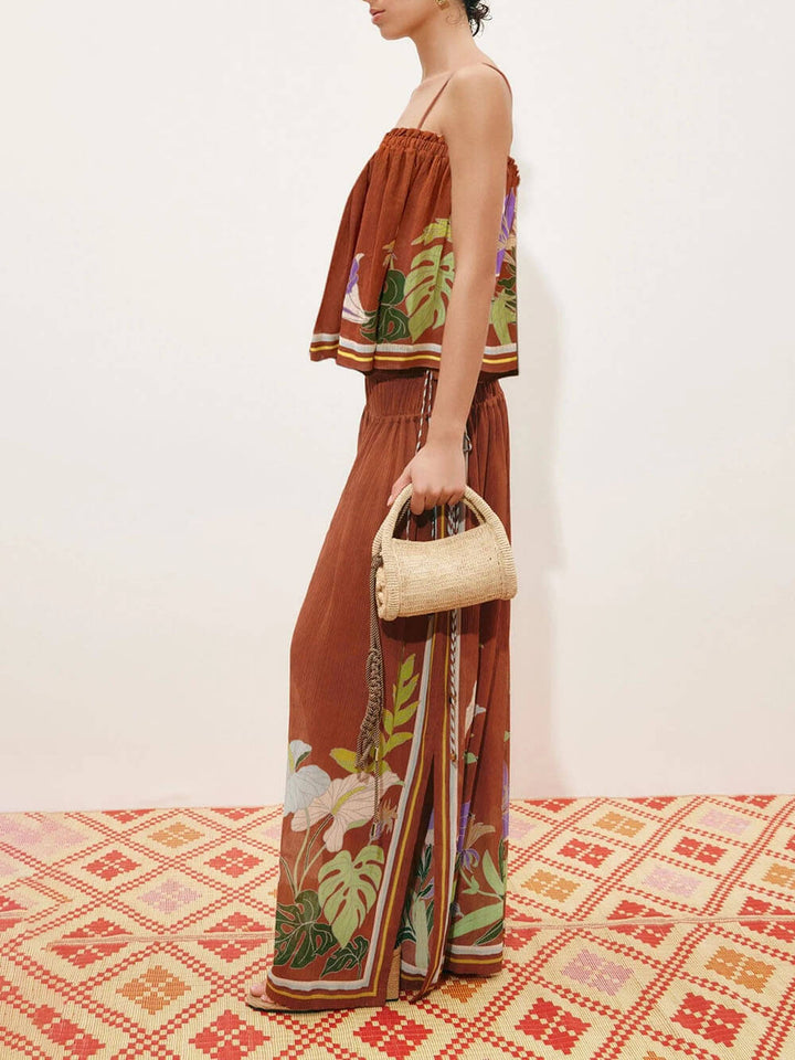 Delicate Ruffle Printed Drawstring Slit Wide-Leg Pants