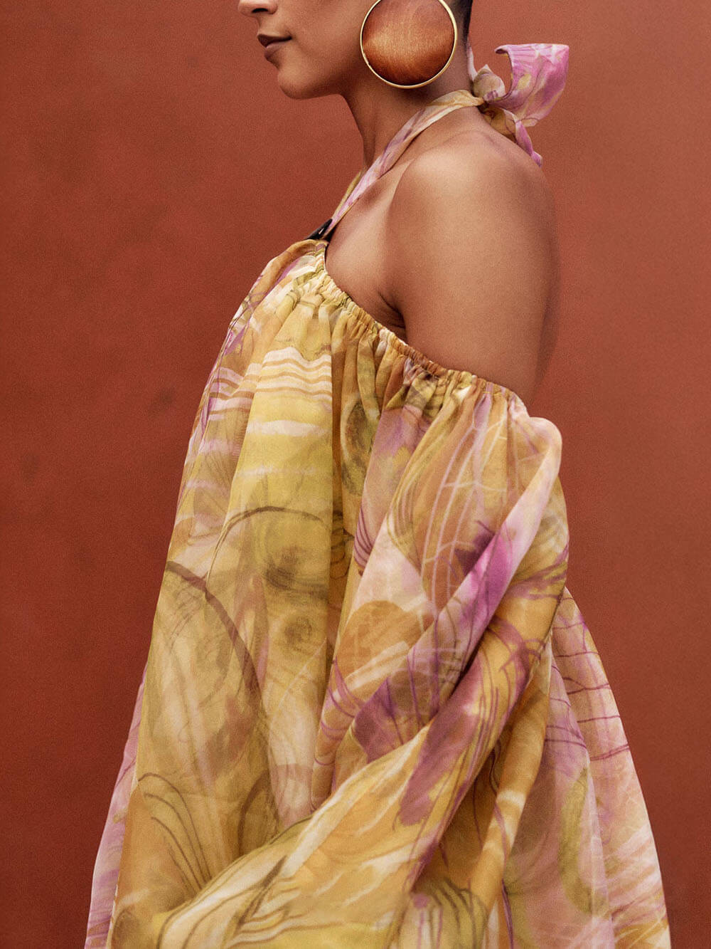 Exquisite Print Halter Neck Off-Shoulder Ruffled Bubble Mini Dress