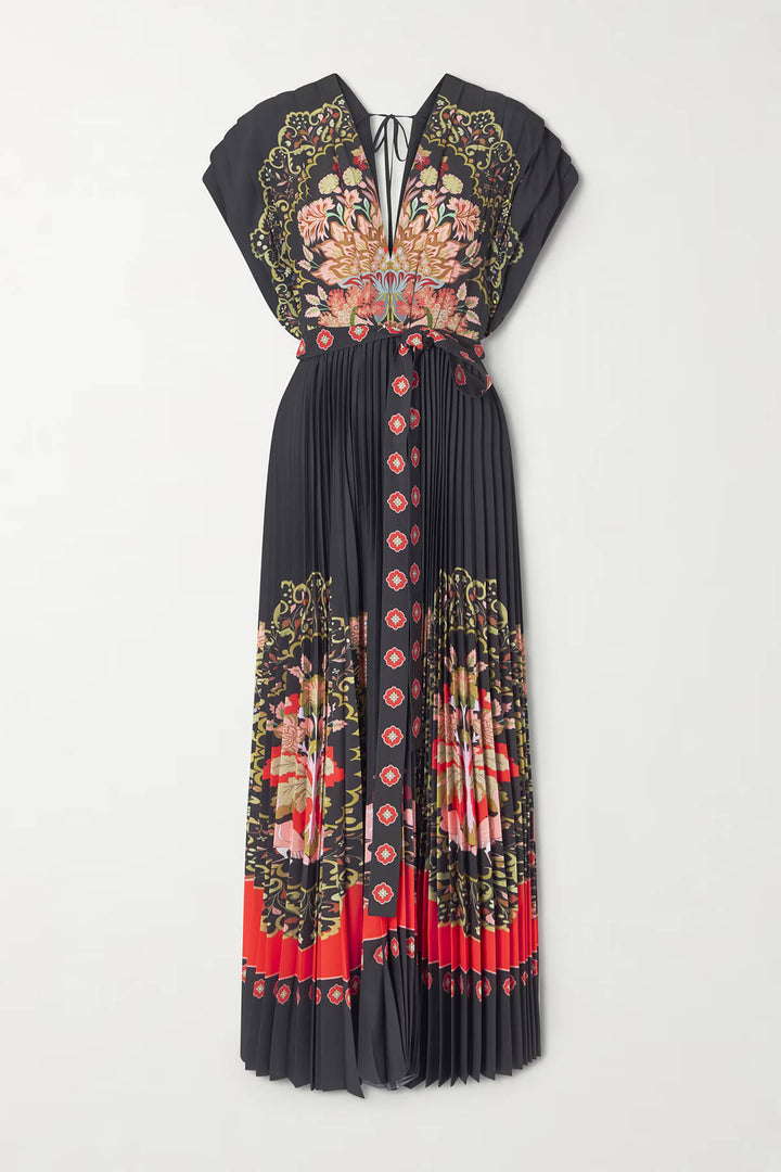 Exquisite Tie-Up Pleated Printed Crepe Maxi Dress