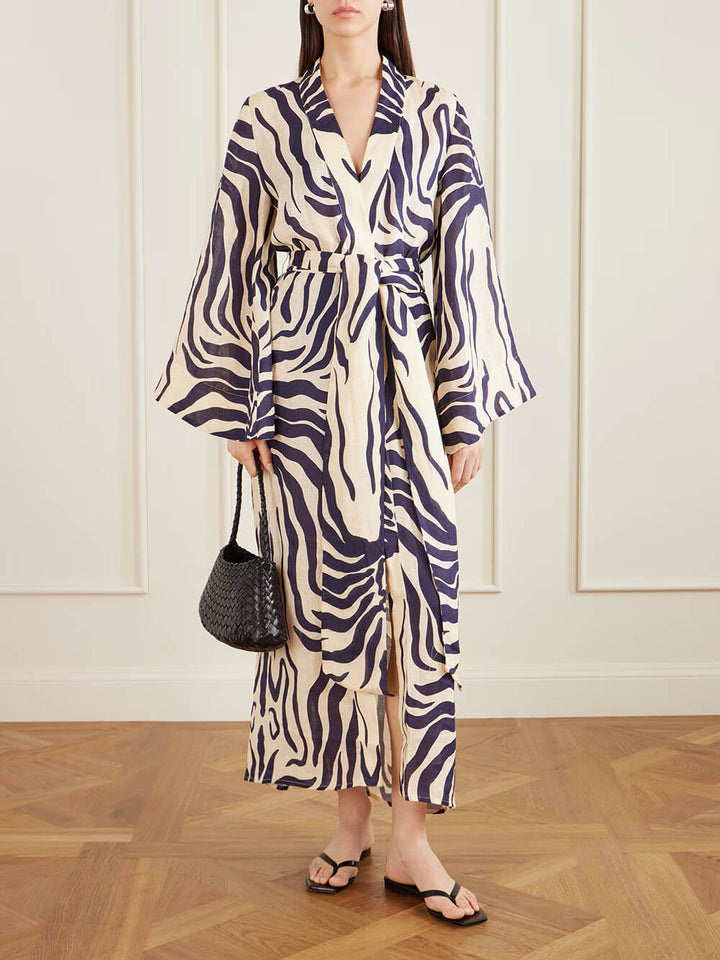 Casual Vacation Tie-Waist Zebra Print Linen Kimono Dress