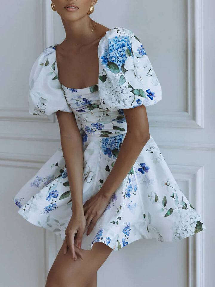 Delicate Floral Print Puff Sleeve Linen Mini Dress