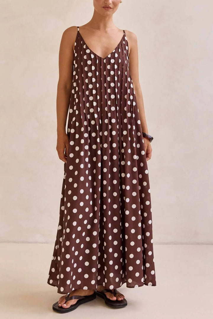 Exquisite Polka Dot Print Pleated A-Line Maxi Dress