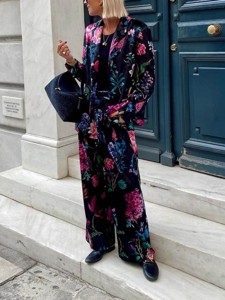 Retro Floral Print Blazer & High-Waist Wide-Leg Pants Set