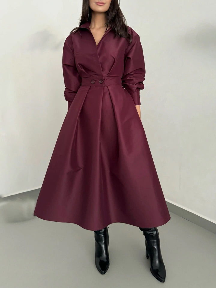 Elegant Collared Long-Sleeve A-Line Midi Dress